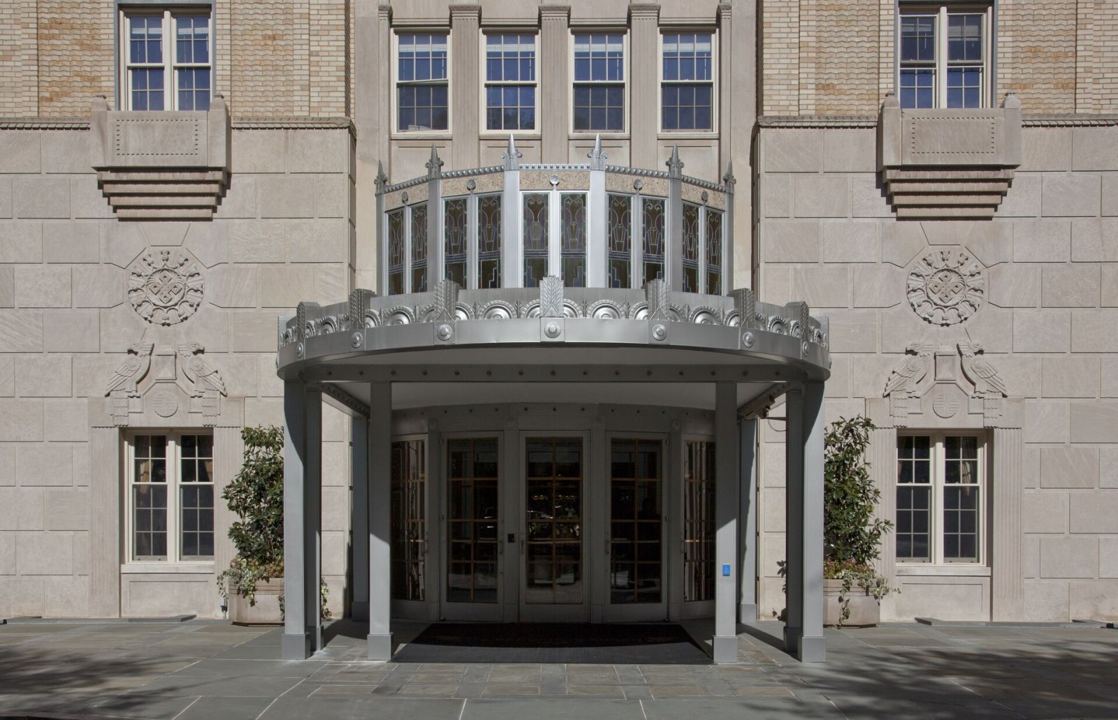 Stone office building entrance with steps