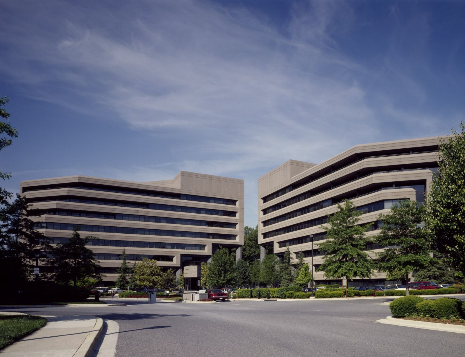 Low-rise office buildings with landscaped grounds